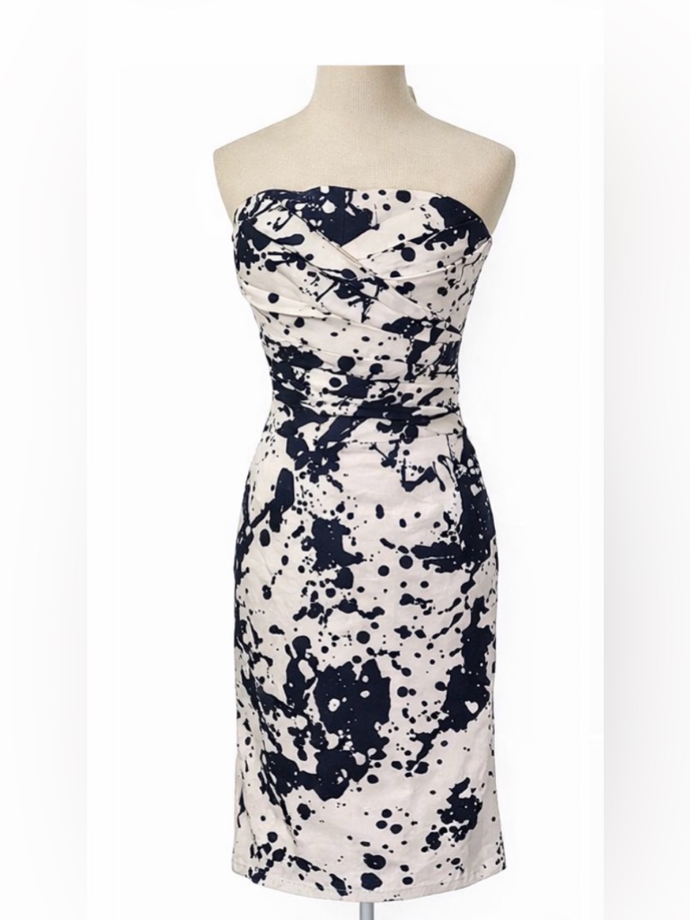 [Samantha Sung] Navy White Print Strapless Designer Dress Sz 8